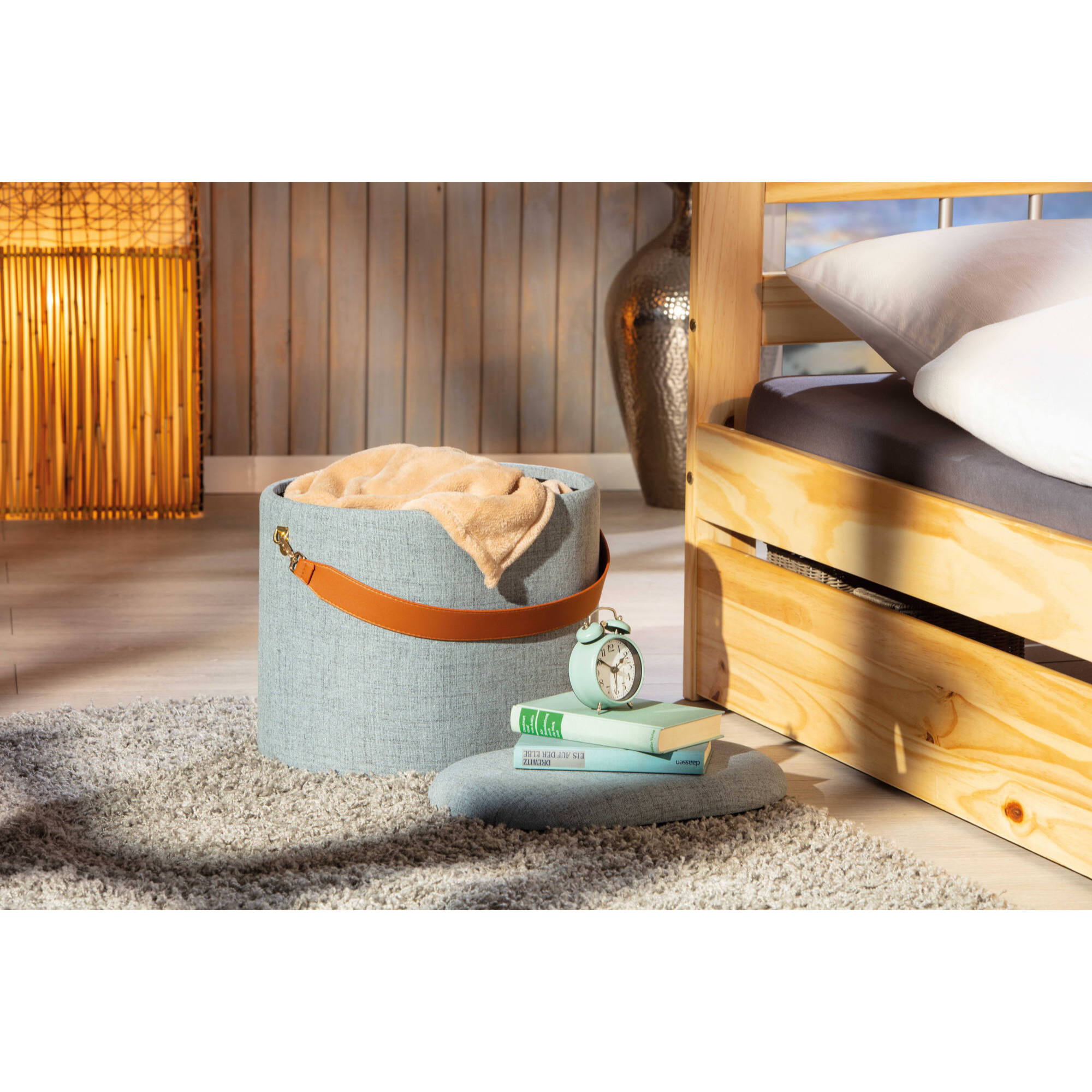 Pouf contenitore in tessuto con maniglia in ecopelle, 42 x 36 x 30, Grigio