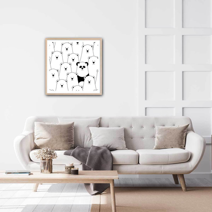 Affiche enfant ours blanc et panda noir Affiche + cadre en bois - Chêne