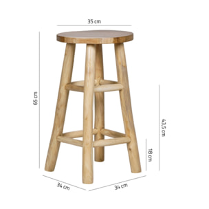 Tabouret de bar rond artisanal 65 cm de haut en bois de teck - MUFASA