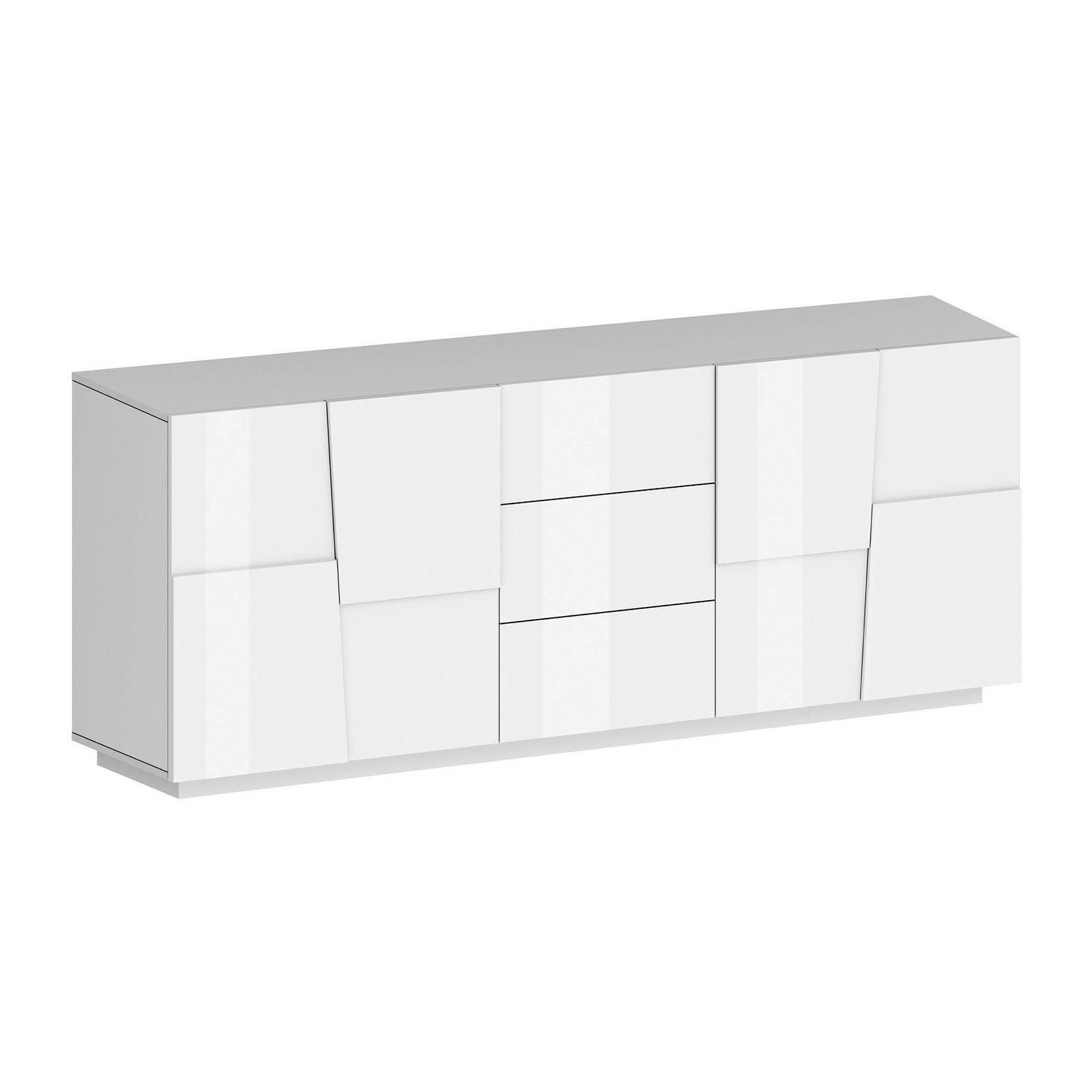 Credenza Ddamsgaar, Buffet da soggiorno, Madia da salotto con 4 ante e 3 cassetti, 220x44h86 cm, Bianco lucido