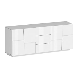 Credenza Ddamsgaar, Buffet da soggiorno, Madia da salotto con 4 ante e 3 cassetti, 220x44h86 cm, Bianco lucido