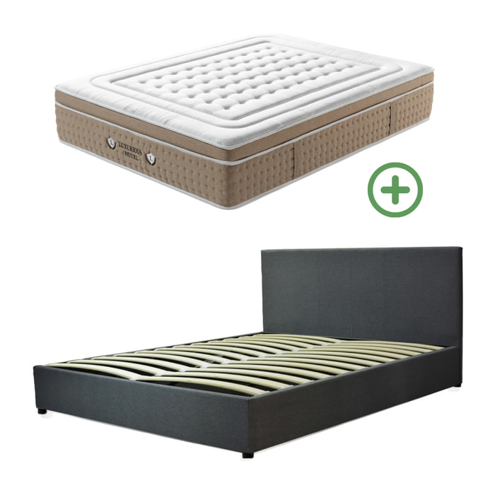 Ensemble matelas Bali & lit coffre Colisée | Mémoire de forme et ressorts ensachés | Grande capacité de stockage | Tissu | Gris foncé
