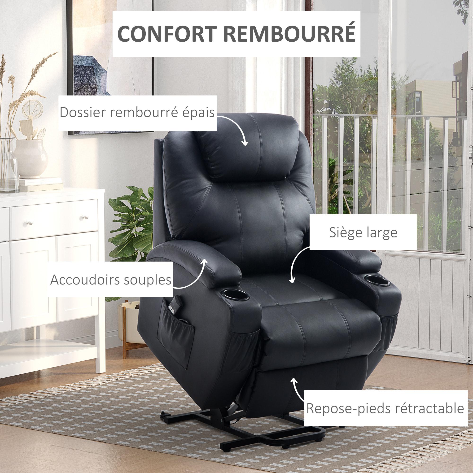 Fauteuil releveur électrique fauteuil de relaxation inclinable repose-pied relevable grand confort télécommande revêtement synthétique noir