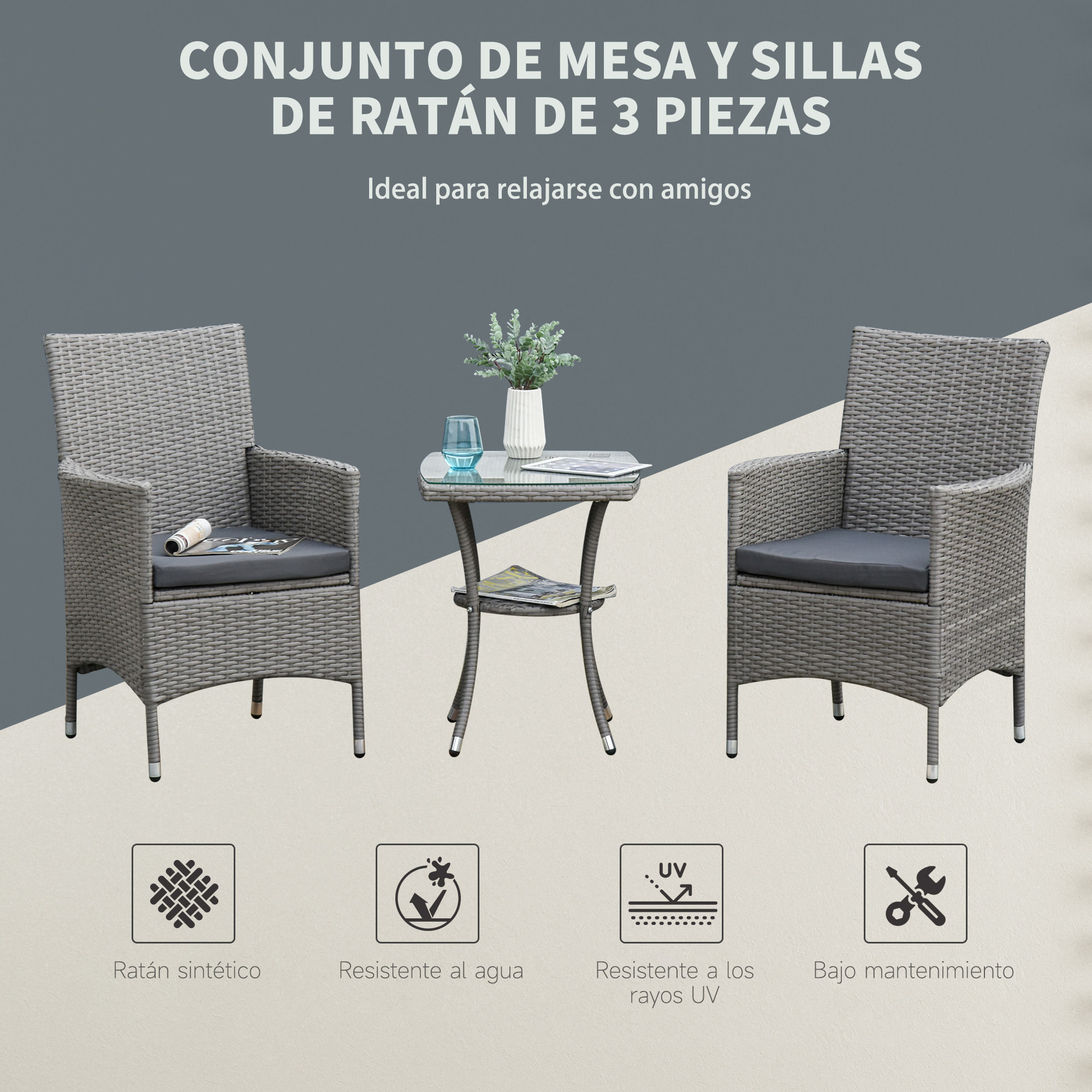 Conjunto Muebles para Exterior con 1 Mesa 2 Sillas con Cojines Blanco Set Gris