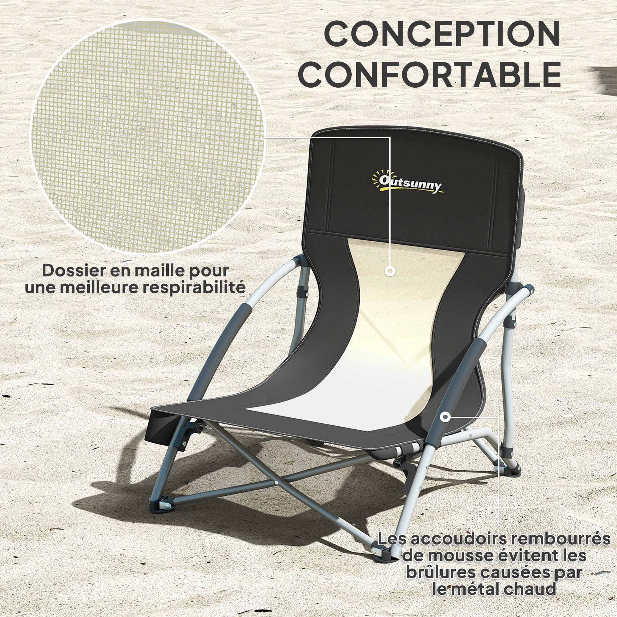Chaise de plage pliante - chaise de camping compacte légère poids net 2,2 Kg - métal polyester textilène noir
