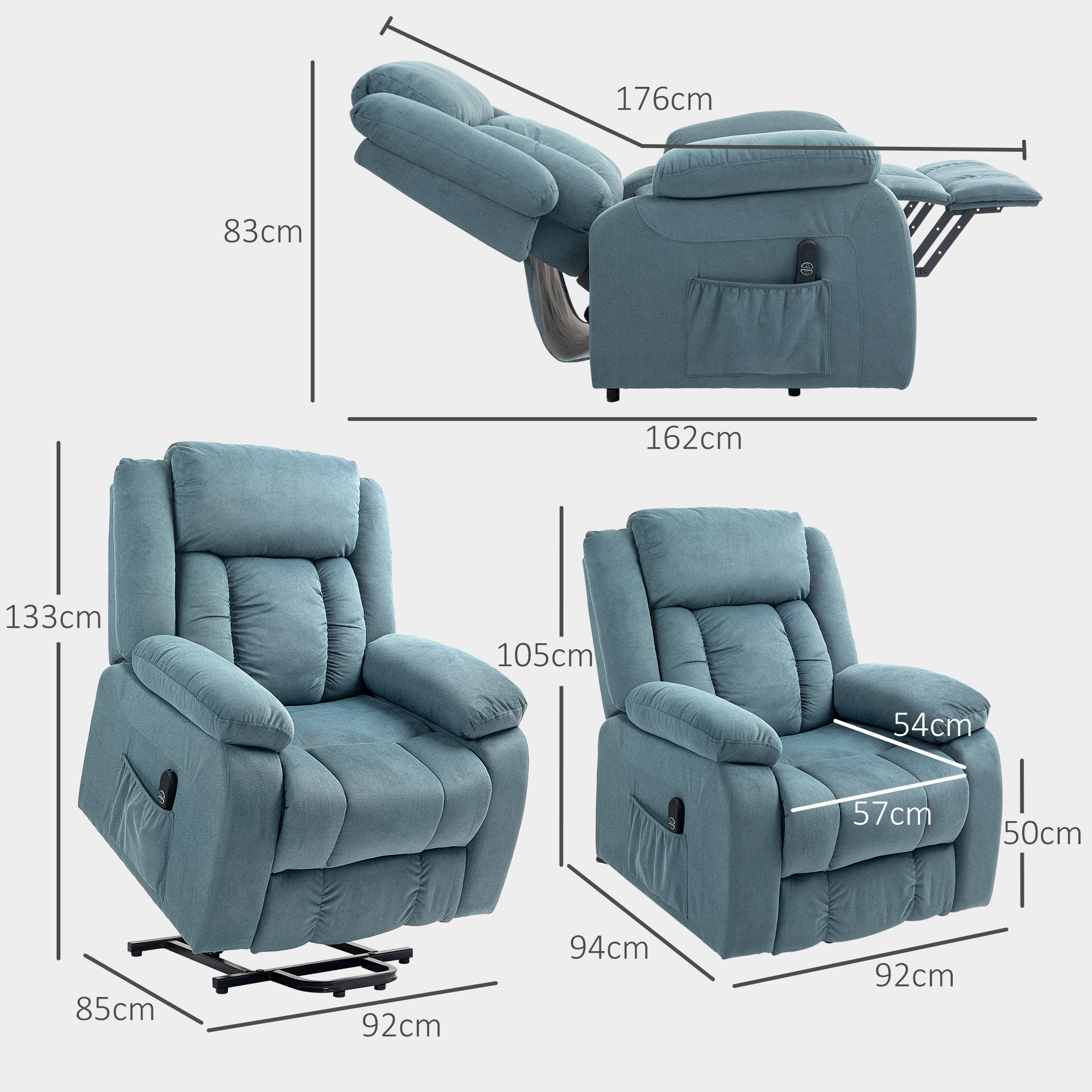 Sillón Relax Reclinable Eléctrico Levanta Personas, con Puerto USB, Sillón Elevador, con Control Remoto, Asiento Ancho, Reposapiés, Tapizado en Terciopelo, Bolsillos Laterales, Azul