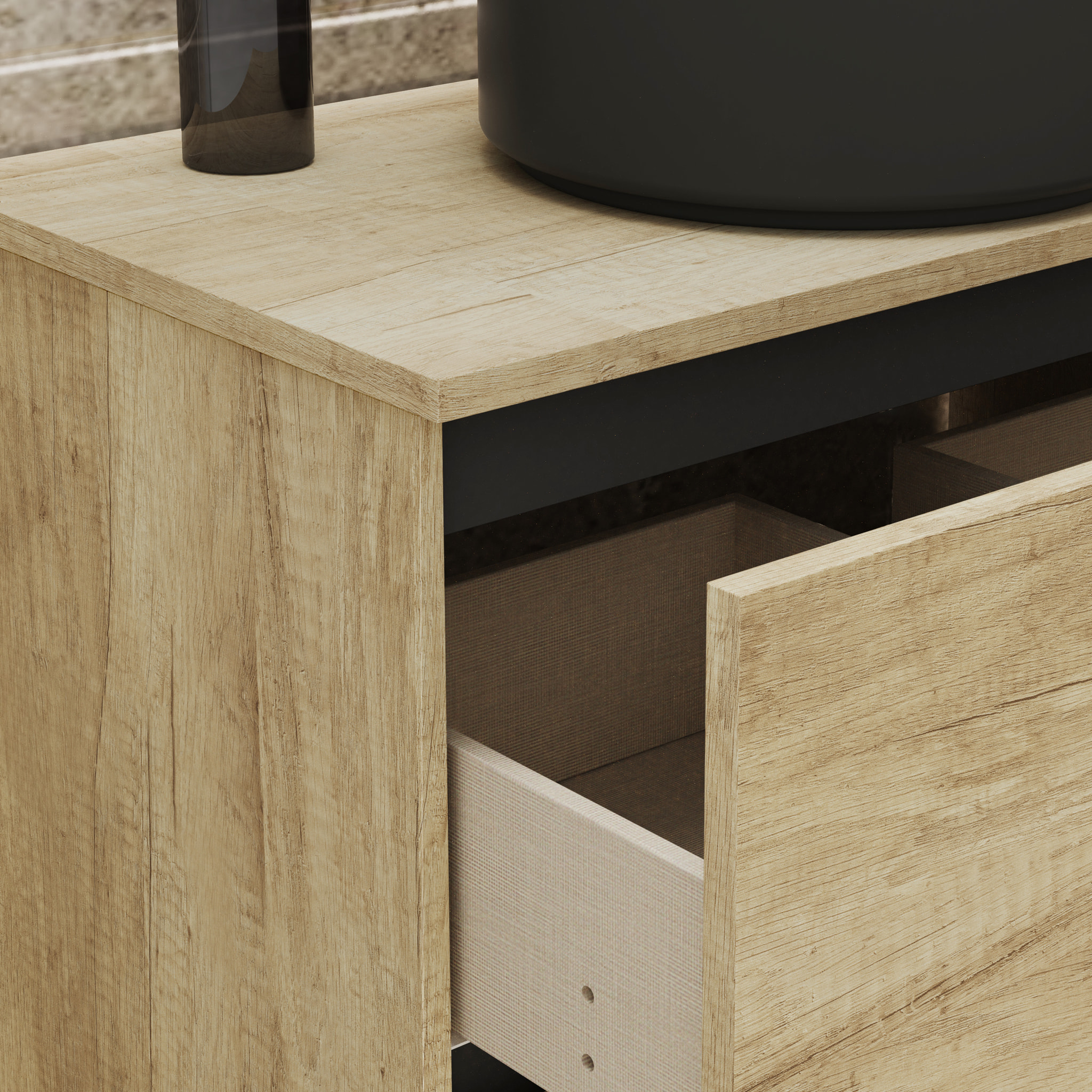 CONJUNTO DE BAÑO GLOOM | MUEBLE DE BAÑO SUSPENDIDO | 70 CM NATURE| DOS CAJONES | LAVABO SOBRE ENCIMERA | MUEBLE MONTADO | ALDAY