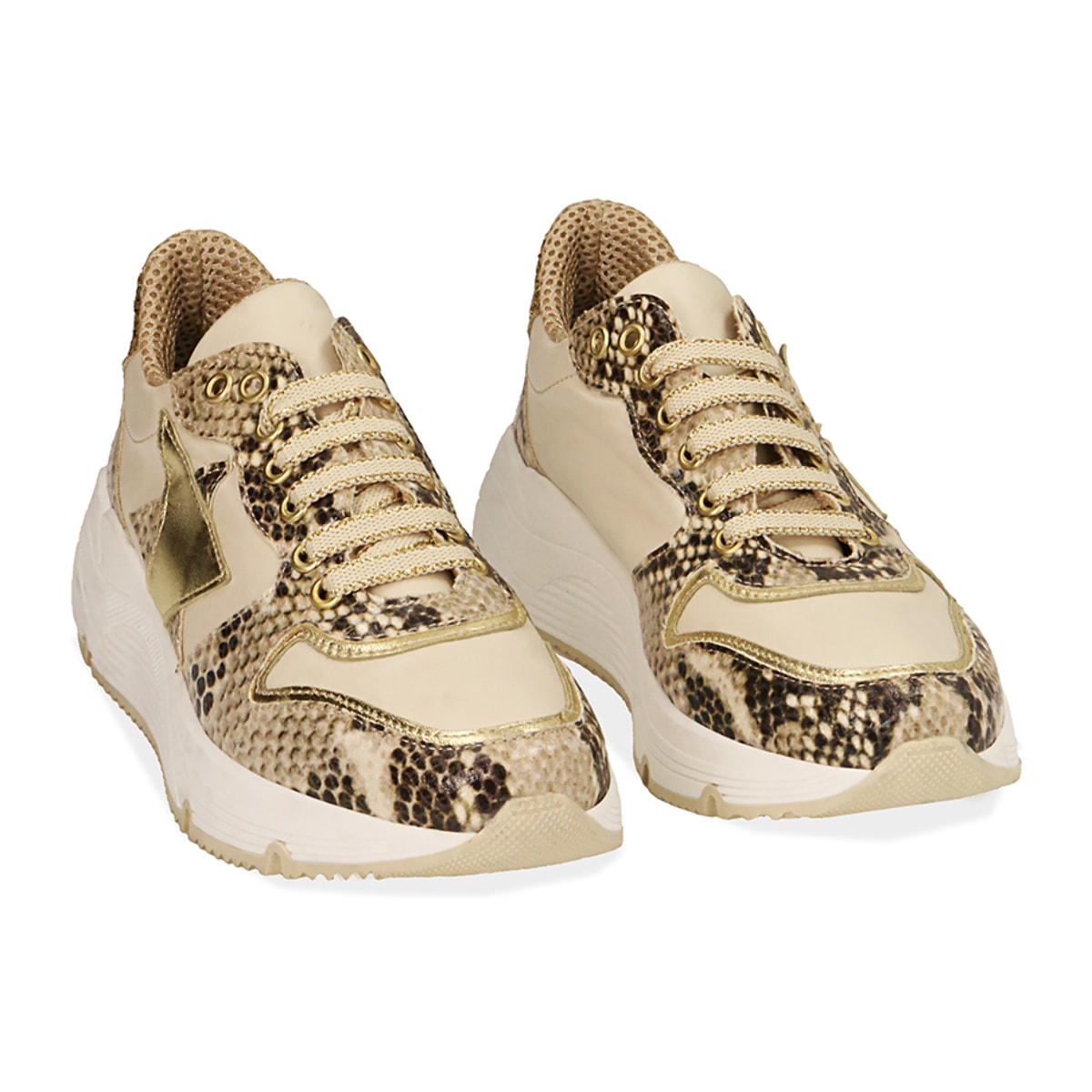 Sneakers beige in pelle stampa vipera, zeppa 4 cm