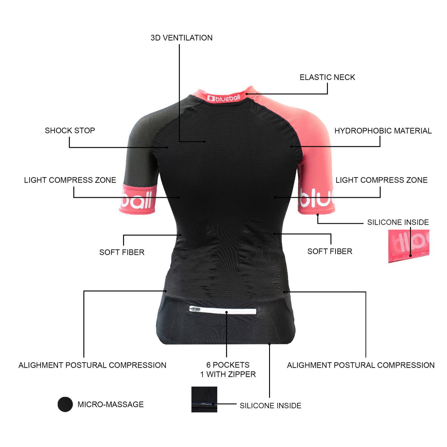 CAMISETA DE COMPRESIÓN RUNNING PARA MUJER MANGA CORTA BLUEBALL EN NEGRO Y ROSA