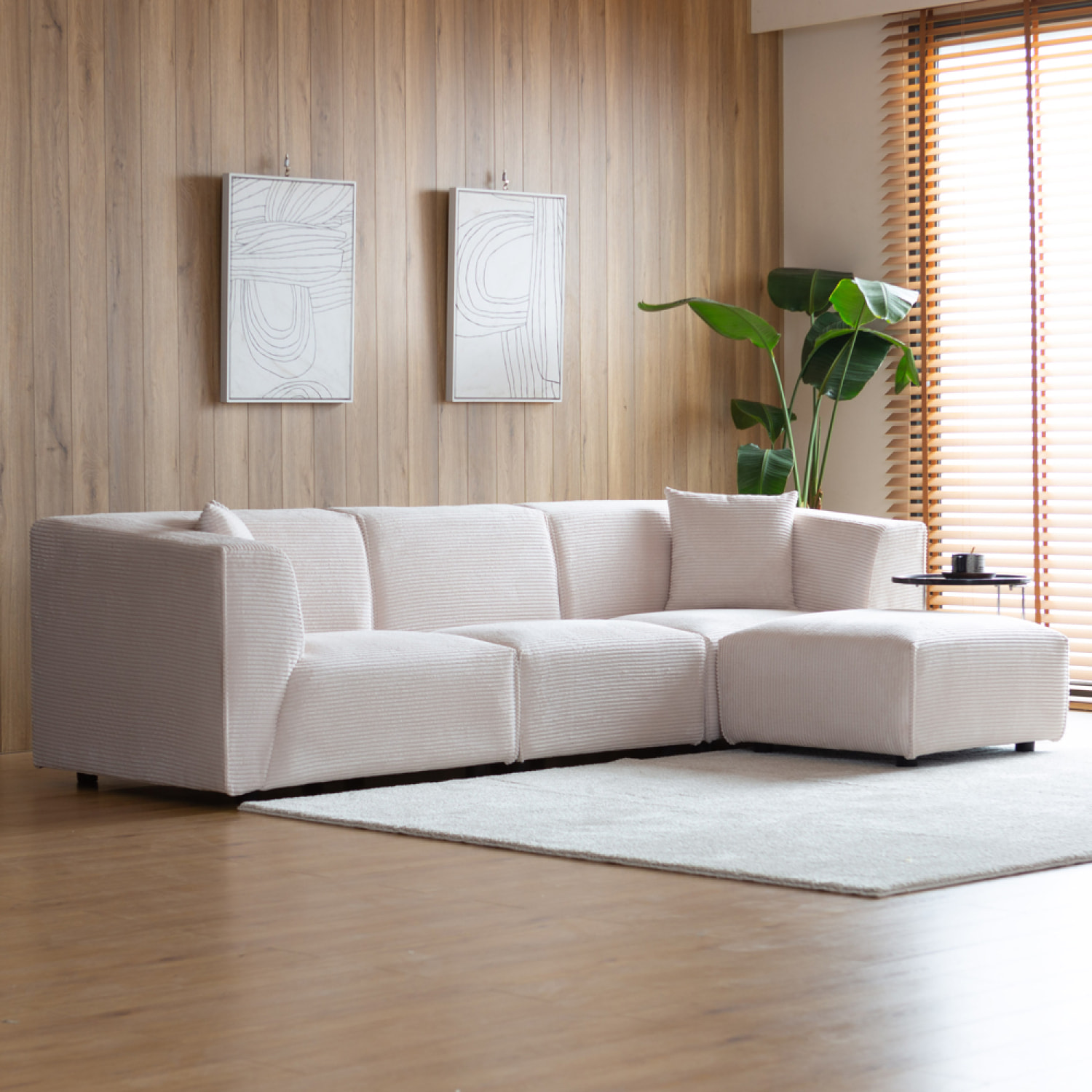 Canapé modulable 3 places + 1 pouf velours côtelé beige ROME