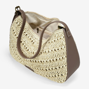 Bolso de hombro beige en rafia con hebilla