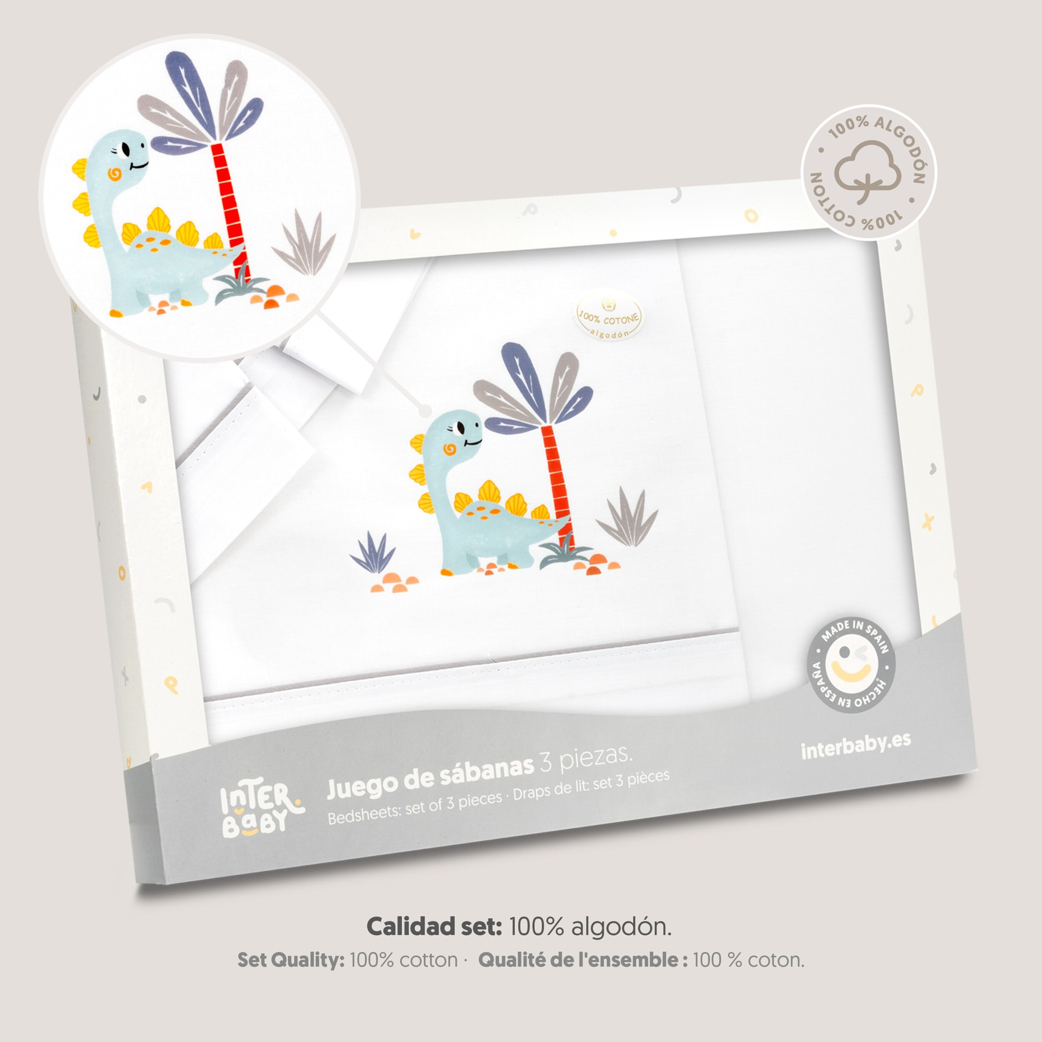 Triptico Coche Estampado Dinosaurio Palmera Bco/Gris