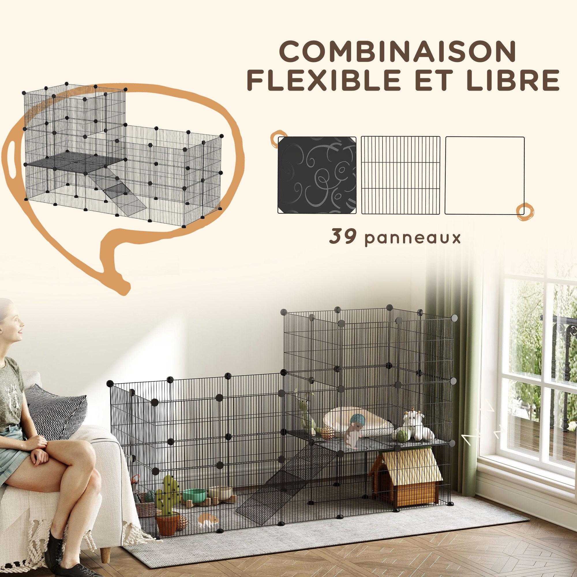 Cage parc enclos modulable rongeurs 2 niveaux 39 panneaux fil métallique PP noir