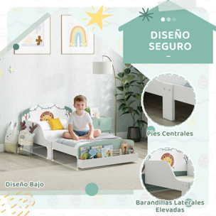 Cama infantil 70x140 cm de Madera con Almacenaje Cama para Niños de +3 Años con Protección Anticaída Cabecero en Dibujo de León Carga 40 kg para Dormitorio Verde