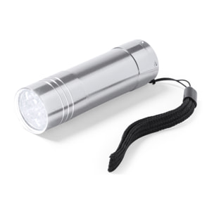 Torcia Conny in alluminio con 9 LED ad alta potenza, pulsante protetto e cinturino.
