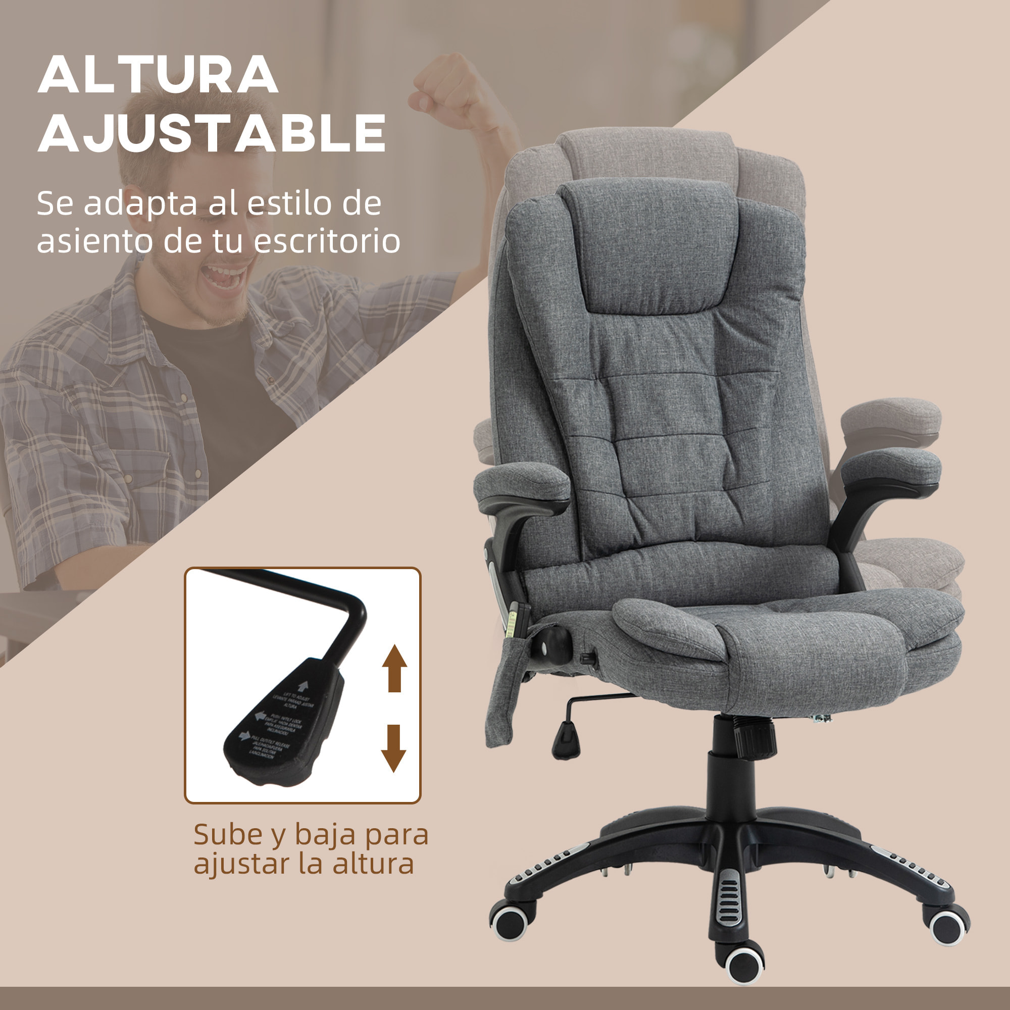 Silla de Masaje con 6 Puntos de Masaje Silla de Escritorio Reclinable hasta 130° con Función de Calefacción Altura Ajustable y Ruedas para Estudio 68x72x110-120 cm Gris