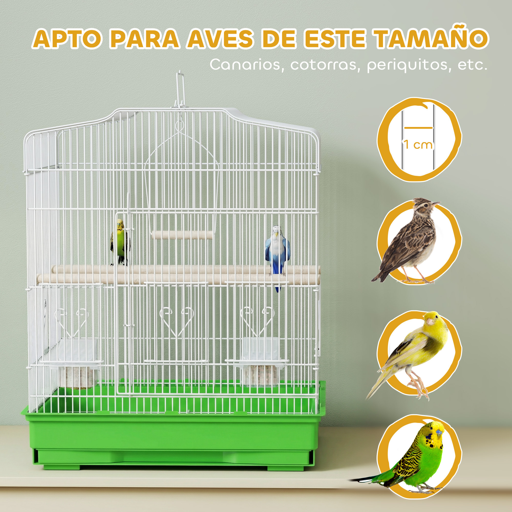 Jaula para Pájaros, Jaula de Acero para Pájaros con Puertas, 2 Comederos, 2 Perchas, Columpio, Bandeja Extraíble y Asa de Transporte, para Loro, Canario, Periquito, 46,5x36x59 cm, Verde