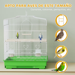 Jaula para Pájaros, Jaula de Acero para Pájaros con Puertas, 2 Comederos, 2 Perchas, Columpio, Bandeja Extraíble y Asa de Transporte, para Loro, Canario, Periquito, 46,5x36x59 cm, Verde