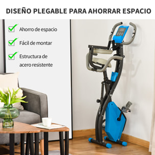 Bicicleta Estática Plegable 3 en 1 con Respaldo y 8 Niveles Resistencia Magnética, Bicicleta Estática para Casa Ajustable con Monitor LCD Volante Banda Sensor de Pulso Soporte de Teléfono Azul