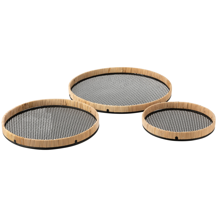 J-Line plateau rotin - métal - naturel et noir - 3 pcs