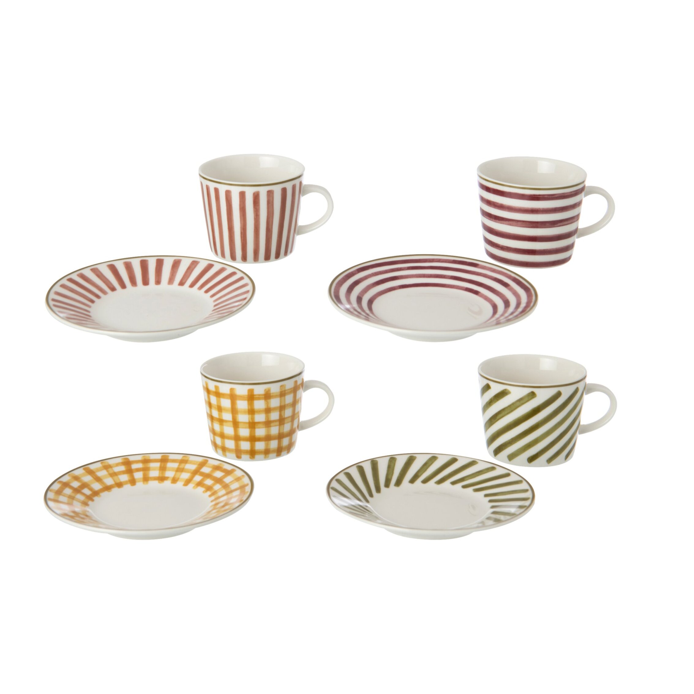 J-Line boîte de 4 tasses et sous-tasses - grès - bordeaux/vert olive - small