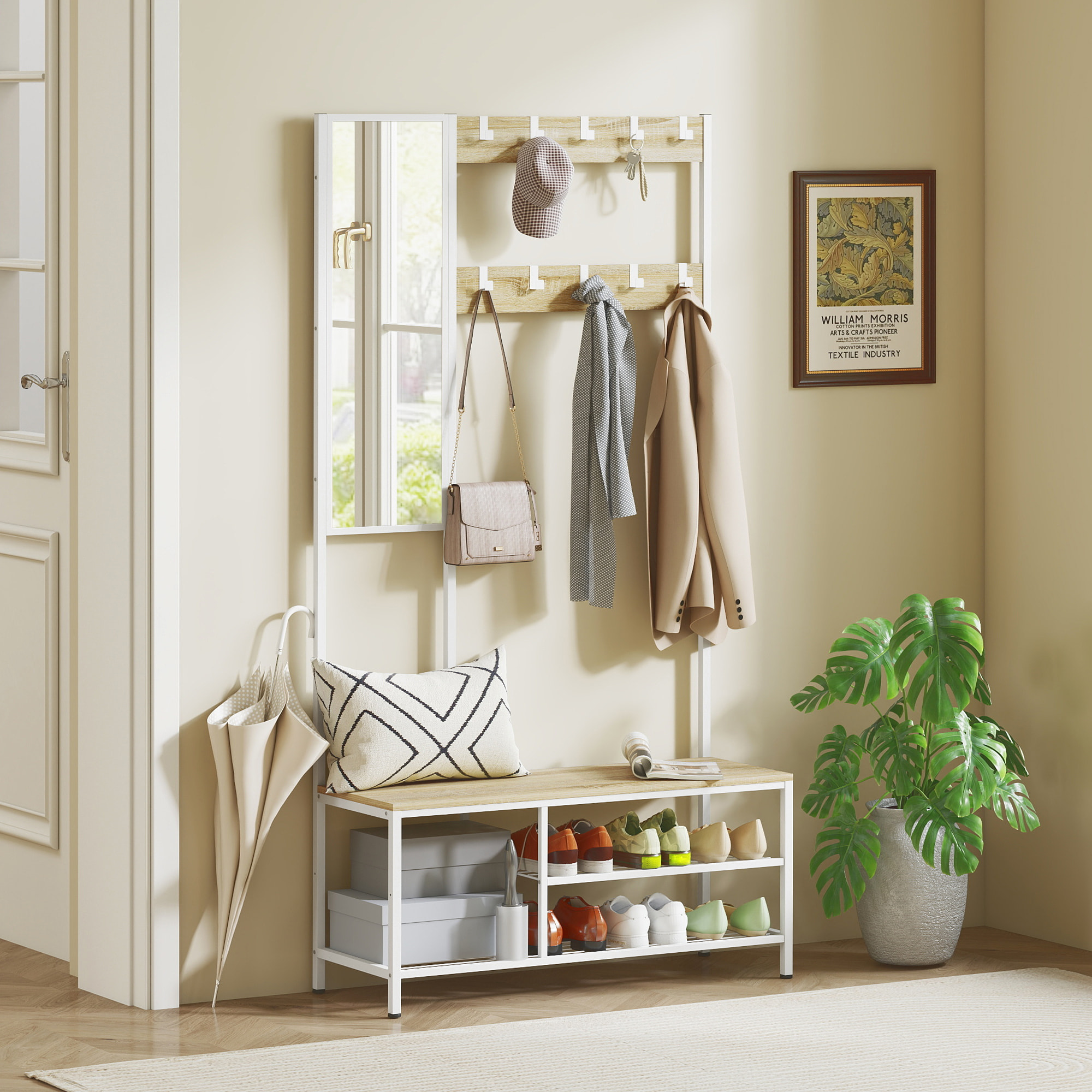 Perchero Zapatero con Espejo, Perchero Entrada Recibidor 4 en 1 con 3 Estantes, Banco, 10 Ganchos Ajustables, Estilo Moderno, para Pasillo, Dormitorio, Salón, 98x34x186 cm, Madera Natural