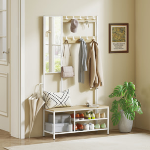 Perchero Zapatero con Espejo, Perchero Entrada Recibidor 4 en 1 con 3 Estantes, Banco, 10 Ganchos Ajustables, Estilo Moderno, para Pasillo, Dormitorio, Salón, 98x34x186 cm, Madera Natural