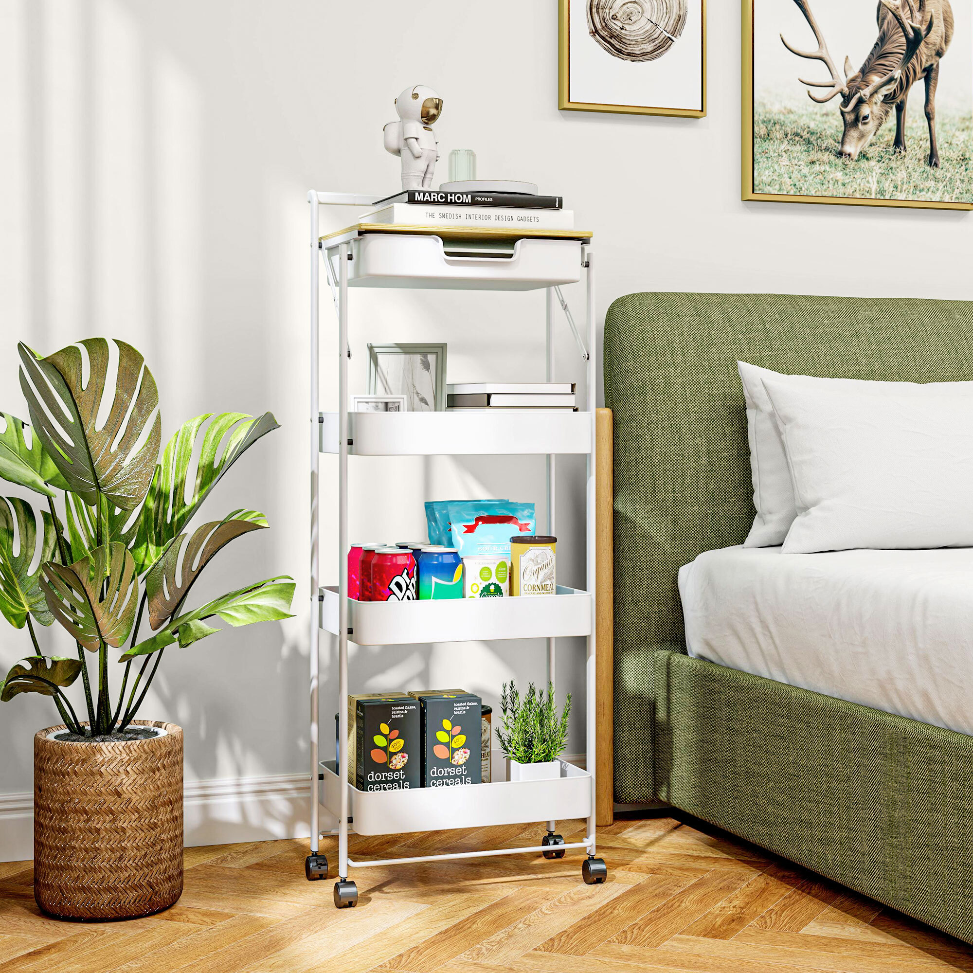 Carrito Auxiliar con Ruedas de 4 Niveles Carro de Cocina con 1 Cajón y 3 Cestas Carrito Organizador para Dormitorio Salón Oficina Blanco