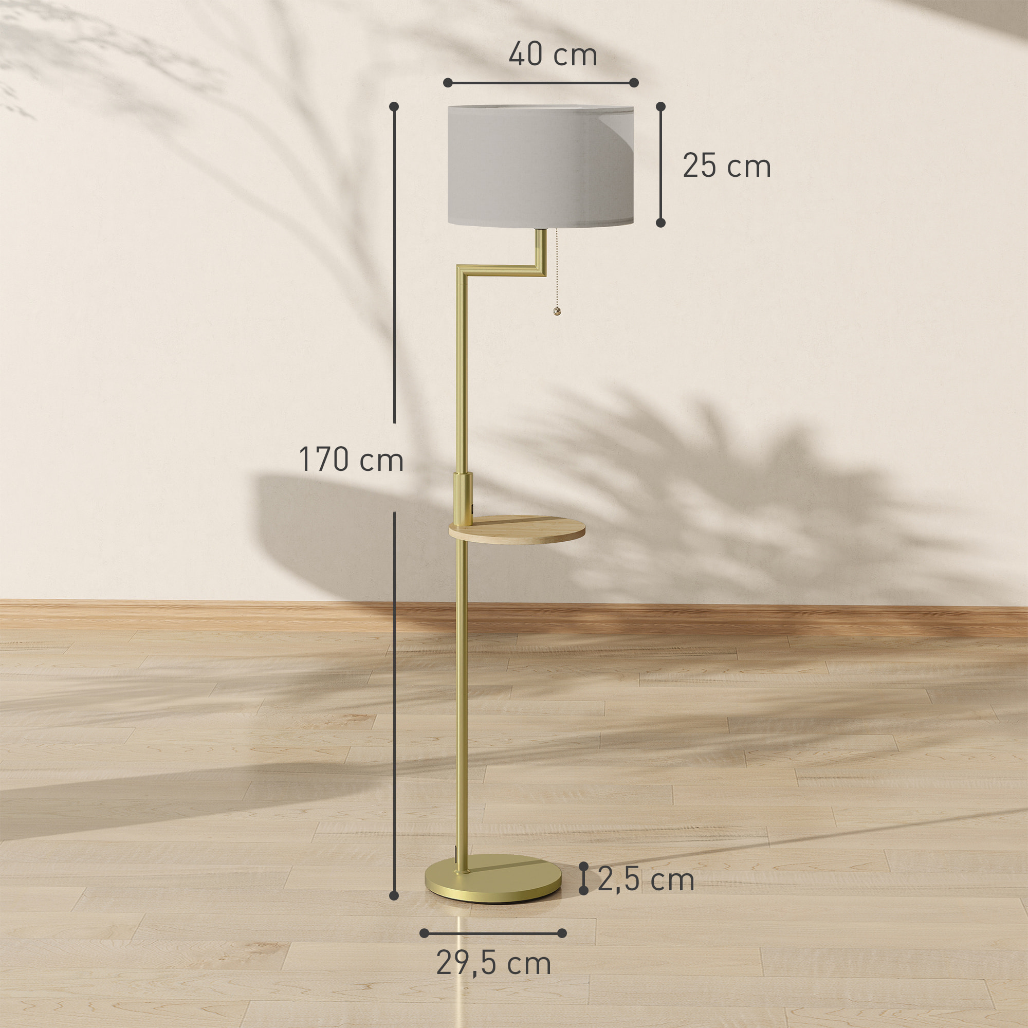 Lámpara de Pie Moderna con Estante, Lámpara de Lectura de Pie 40 W con Pantalla de Lino Sintético Desmontable, Puerto USB, Interruptor de Cadena y Marco de Acero, para Salón, Dormitorio, Dorado