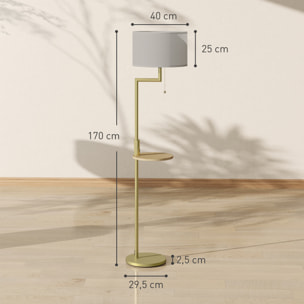 Lámpara de Pie Moderna con Estante, Lámpara de Lectura de Pie 40 W con Pantalla de Lino Sintético Desmontable, Puerto USB, Interruptor de Cadena y Marco de Acero, para Salón, Dormitorio, Dorado