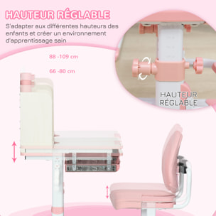 Ensemble bureau chaise enfant hauteur réglable plateau inclinable nombreux rangements blanc rose effet bois clair