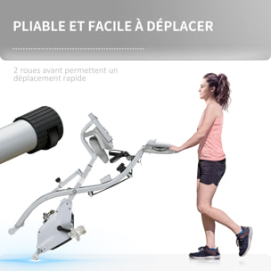 Vélo d'appartement pliant 8 niveaux de résistance magnétique dossier selle réglable poignées ergonomiques écran LCD multifonction suspensions support tablette acier gris