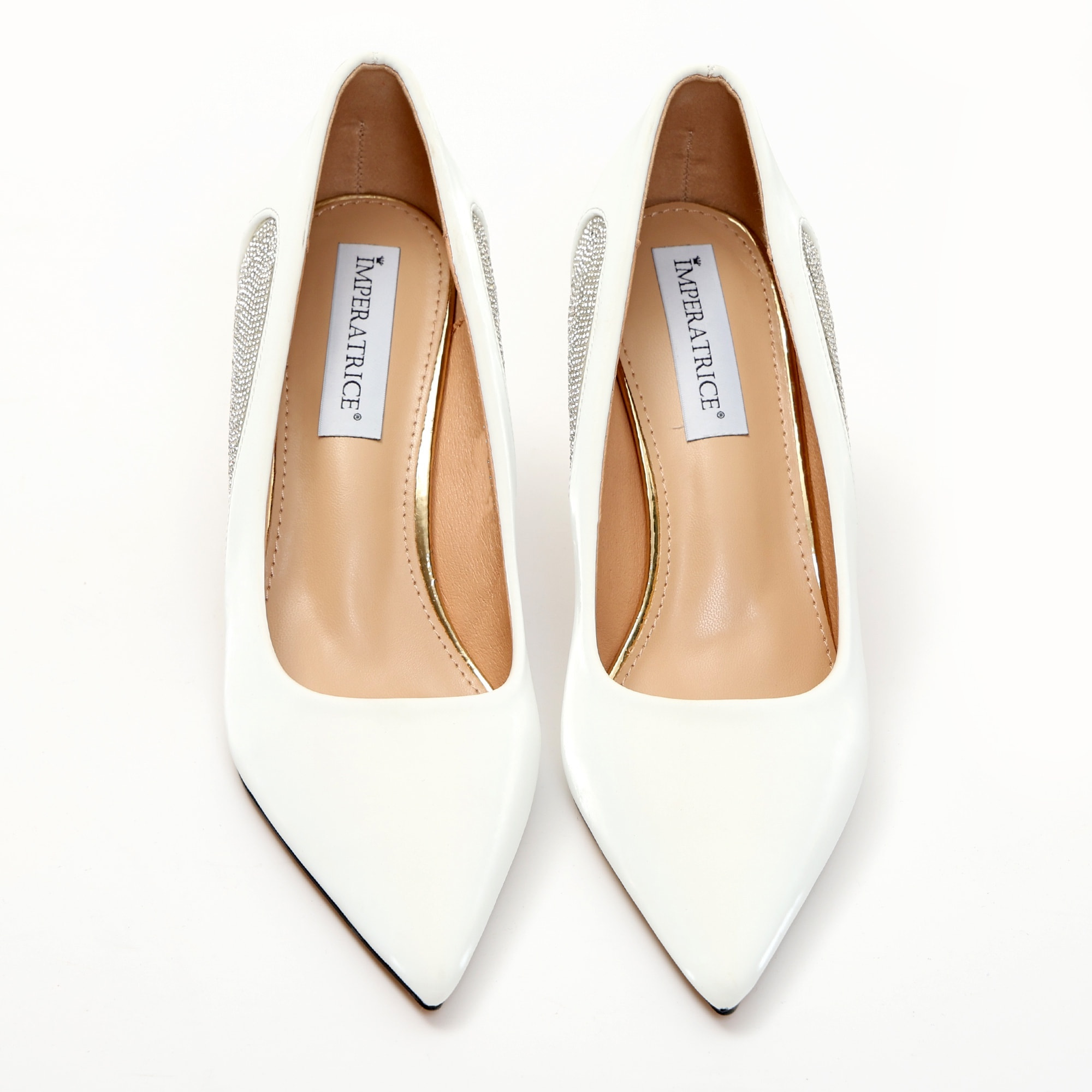 Dècolletè pumps in simil pelle verniciata con strass laterali