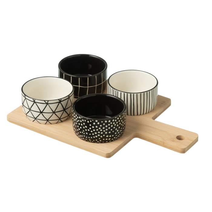 J-Line planche à tapas 4 bols + plateau Bambou - céramique/bois - noir/blanc