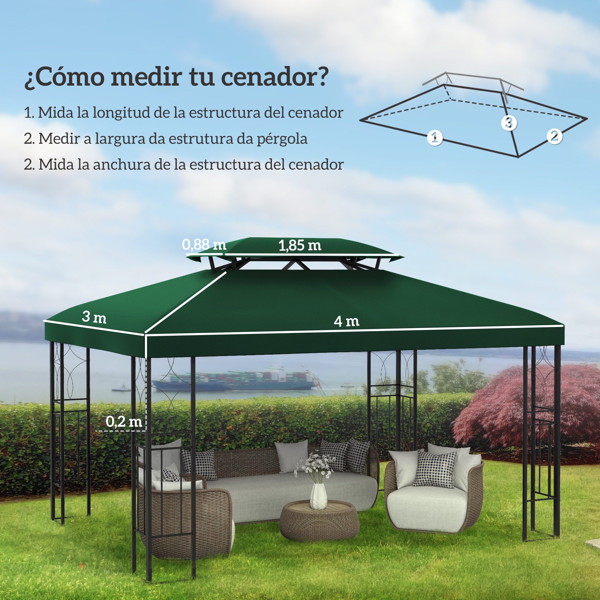 Techo de Repuesto para Cenador 4x3 m Cubierta de Repuesto con Techo Doble 10 Orificios de Drenaje y Protección UV Toldo de Recambio para Pabellón Gazebo Verde