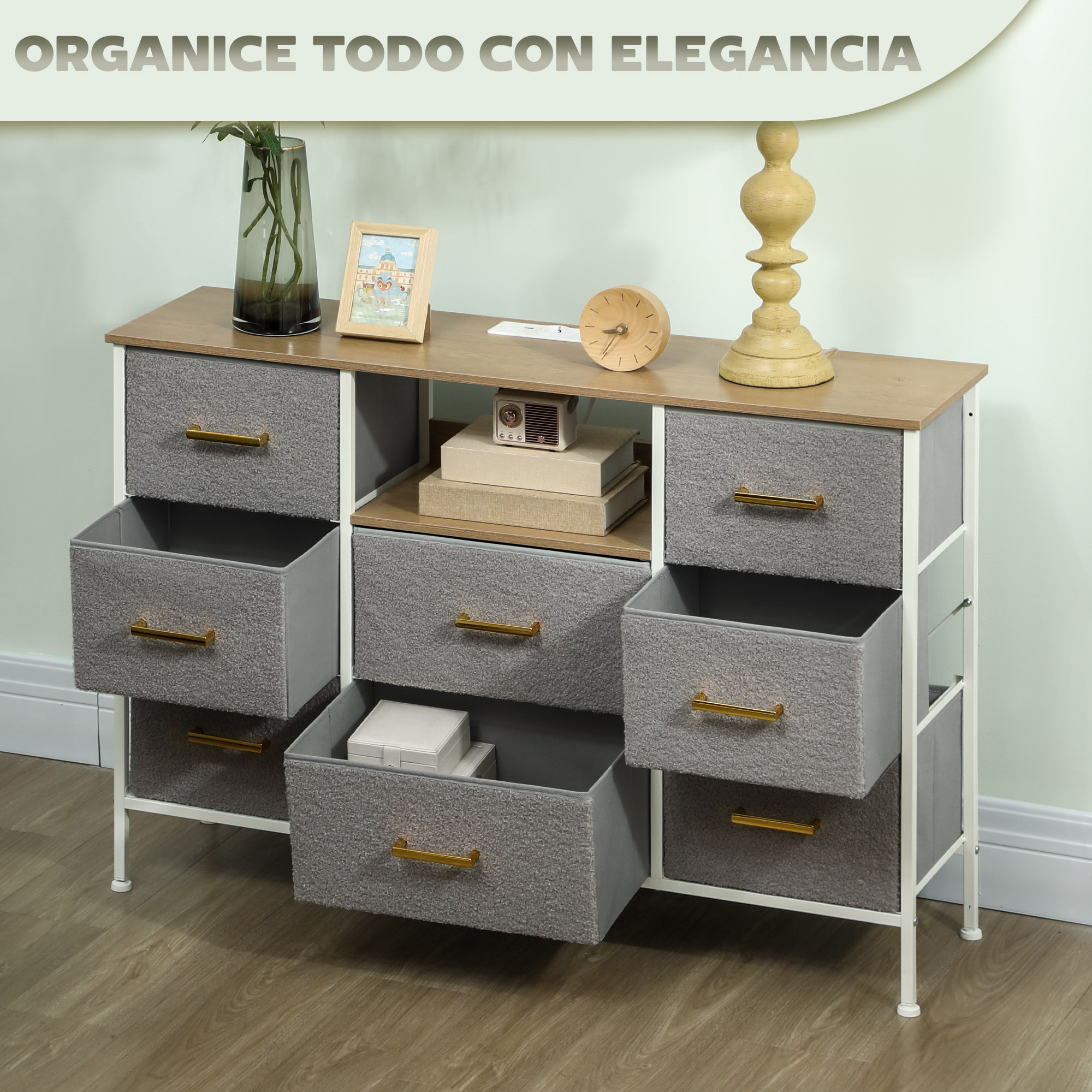 Cómoda con 8 Cajones Tapizado en Borreguito Cajonera de Tela con Estación de Carga Puerto USB Tipo-C y Estructura de Acero Cómoda para Dormitorio Pasillo Gris