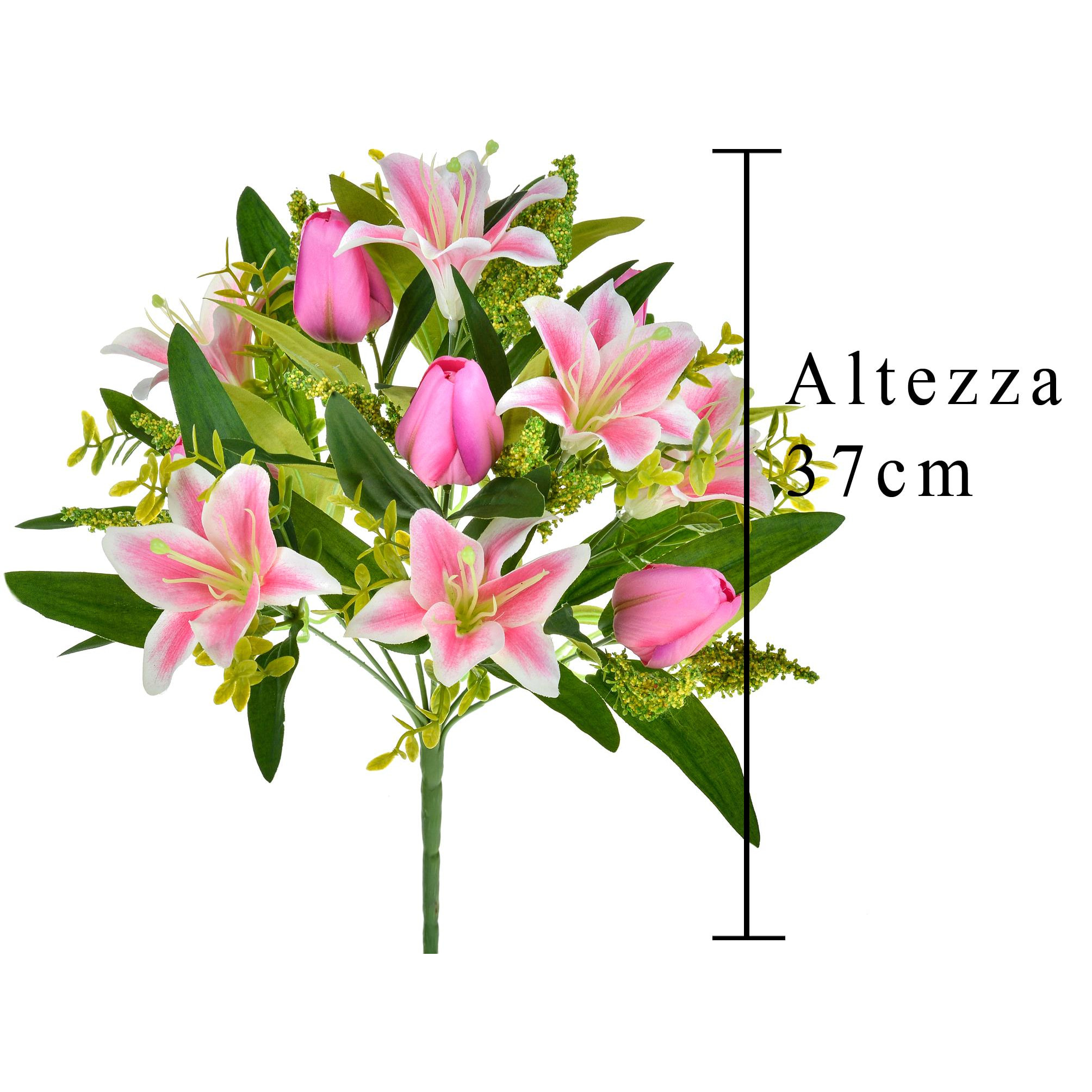 Bouquet Di Tulipani E Gigli. Altezza 37 Cm - Pezzi 6 - 18X37X5cm - Colore: Rosa - Bianchi Dino - Fiori Artificiali