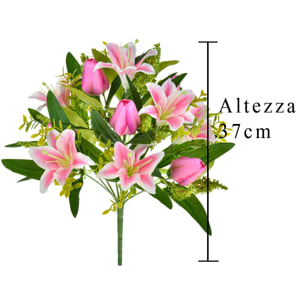 Bouquet Di Tulipani E Gigli. Altezza 37 Cm - Pezzi 6 - 18X37X5cm - Colore: Rosa - Bianchi Dino - Fiori Artificiali