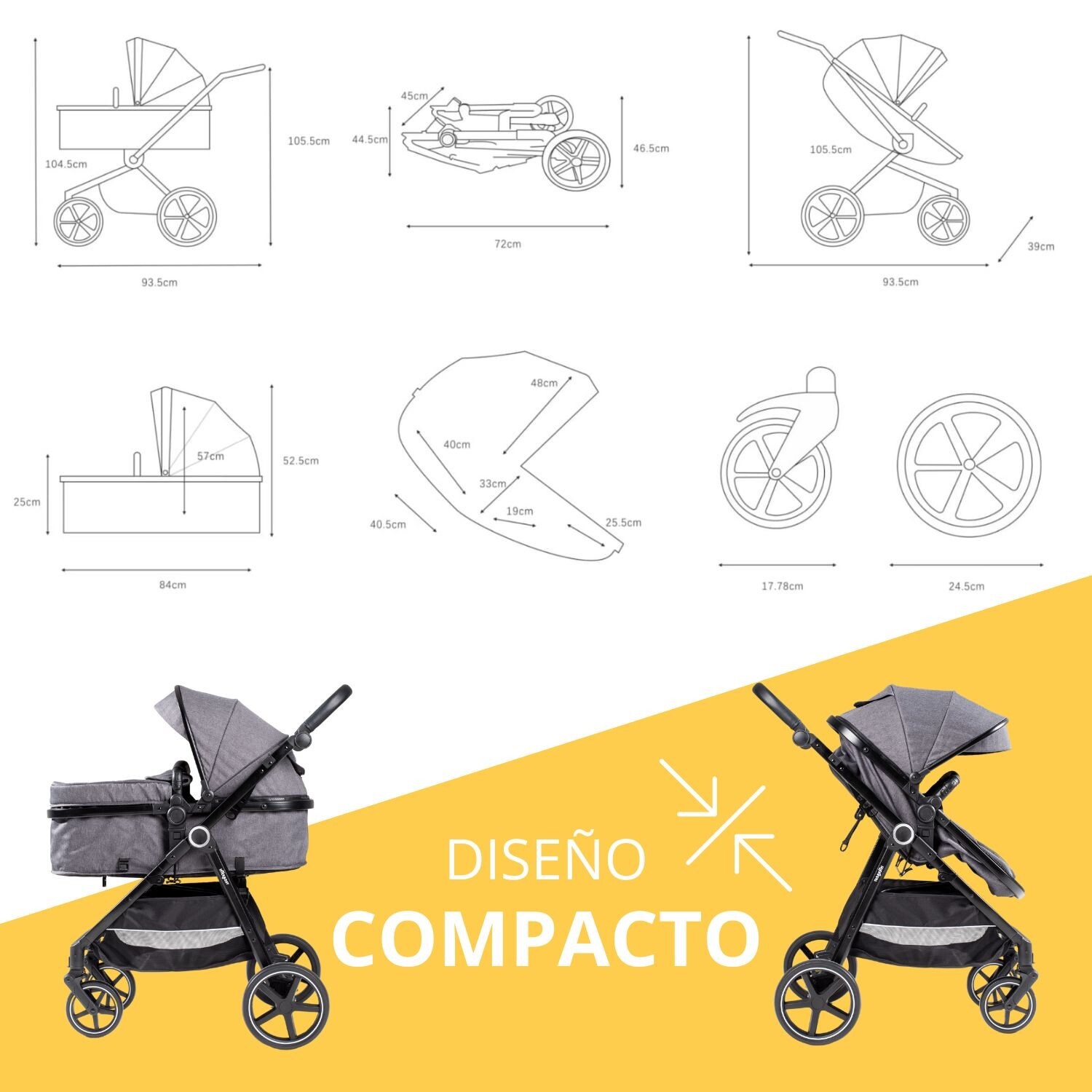 Carrito Bebé 3 en 1, Silla de Paseo | Capazo Acolchado | Silla de Auto grupo 0, Modelo Versa