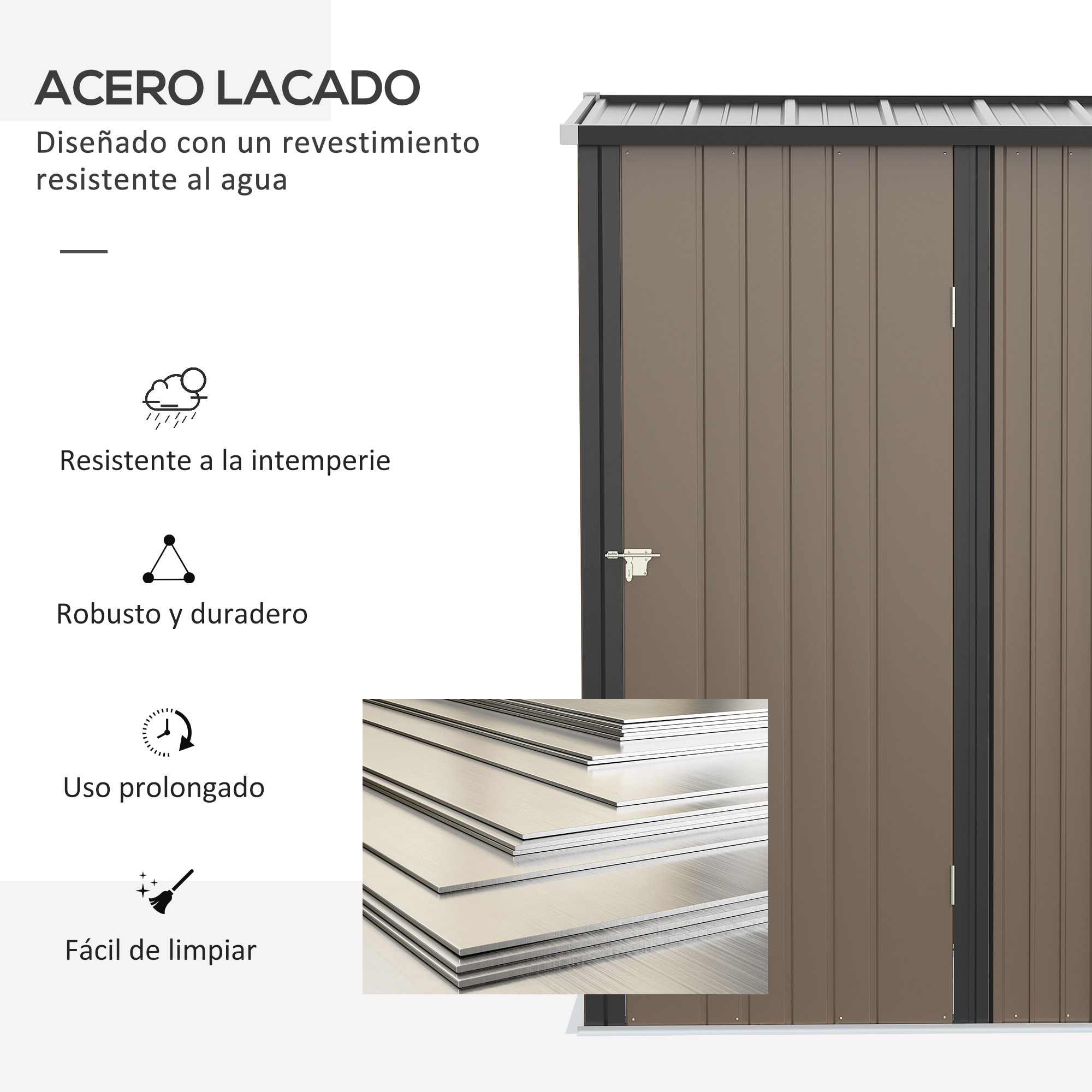 Caseta de Jardín 1,34 m² 161,5x94,5x196 cm Cobertizo Exterior de Acero Galvanizado con Puerta y Cerradura para Almacenamiento de Herramientas Marrón