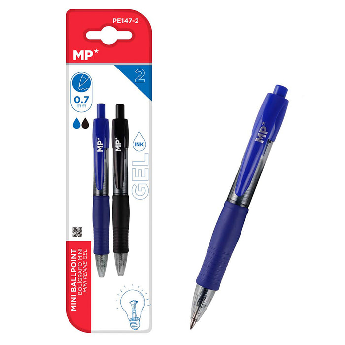 SET BOLÍGRAFOS GEL MINI PUNTA 0.7 mm 2 Uds. Azul y negro.