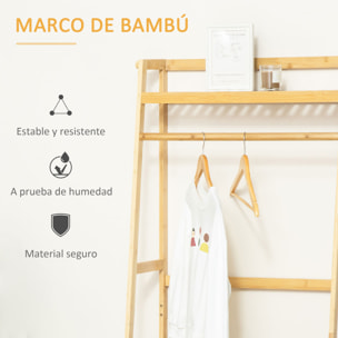 HOMCOM Perchero de Pie de Bambú Perchero Trapezoidal con Estantería de 3 Niveles con Barra y Colgador Lateral para Ropa Bolsas para Pared Dormitorio 70x42x164 cm Natural