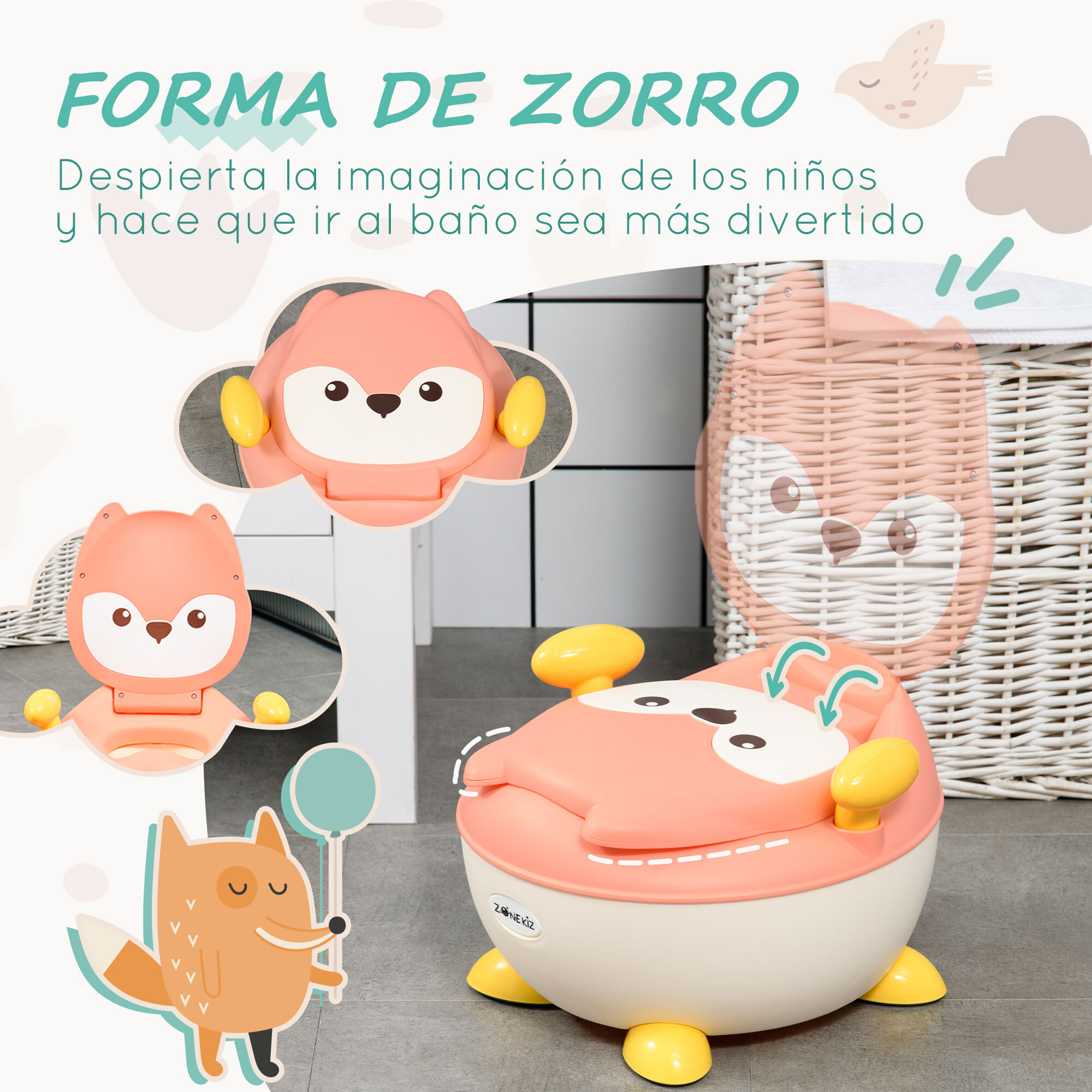 Orinal Infantil WC Aprendizaje Orinal para Bebé de 6-36 Meses en Forma de Zorro con Tapa Prueba de Salpicaduras Asas Estructura Antideslizante 34,5x35x23 cm Rosa