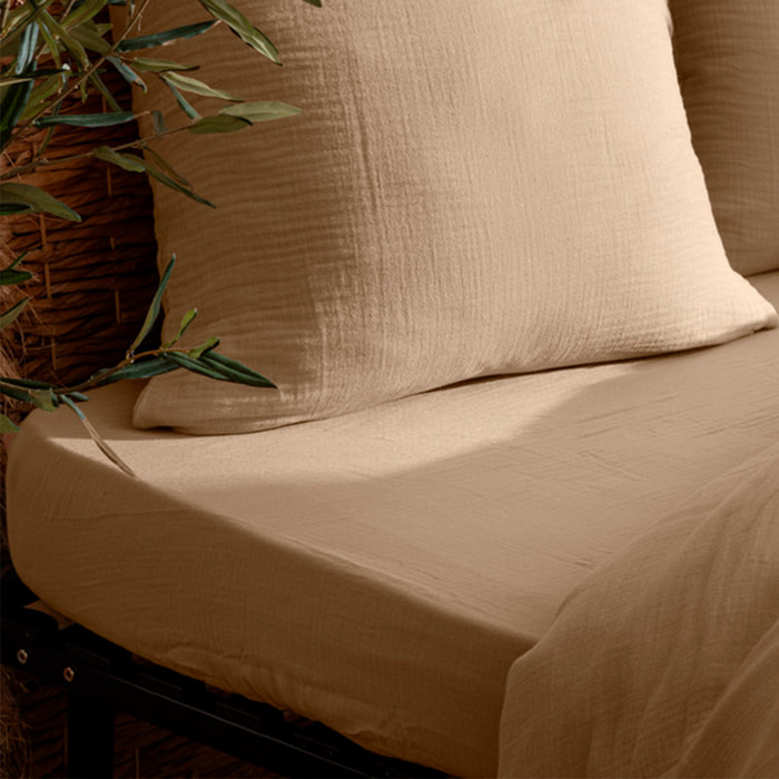 Drap housse "Flora" gaze de coton lin 140x190cm