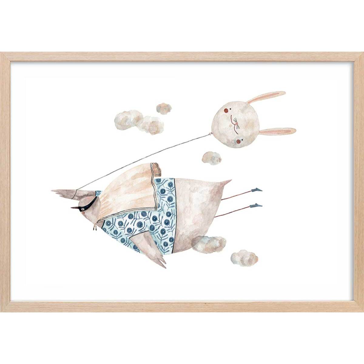 Affiche enfant oiseau heros  Affiche + cadre en bois - Chêne