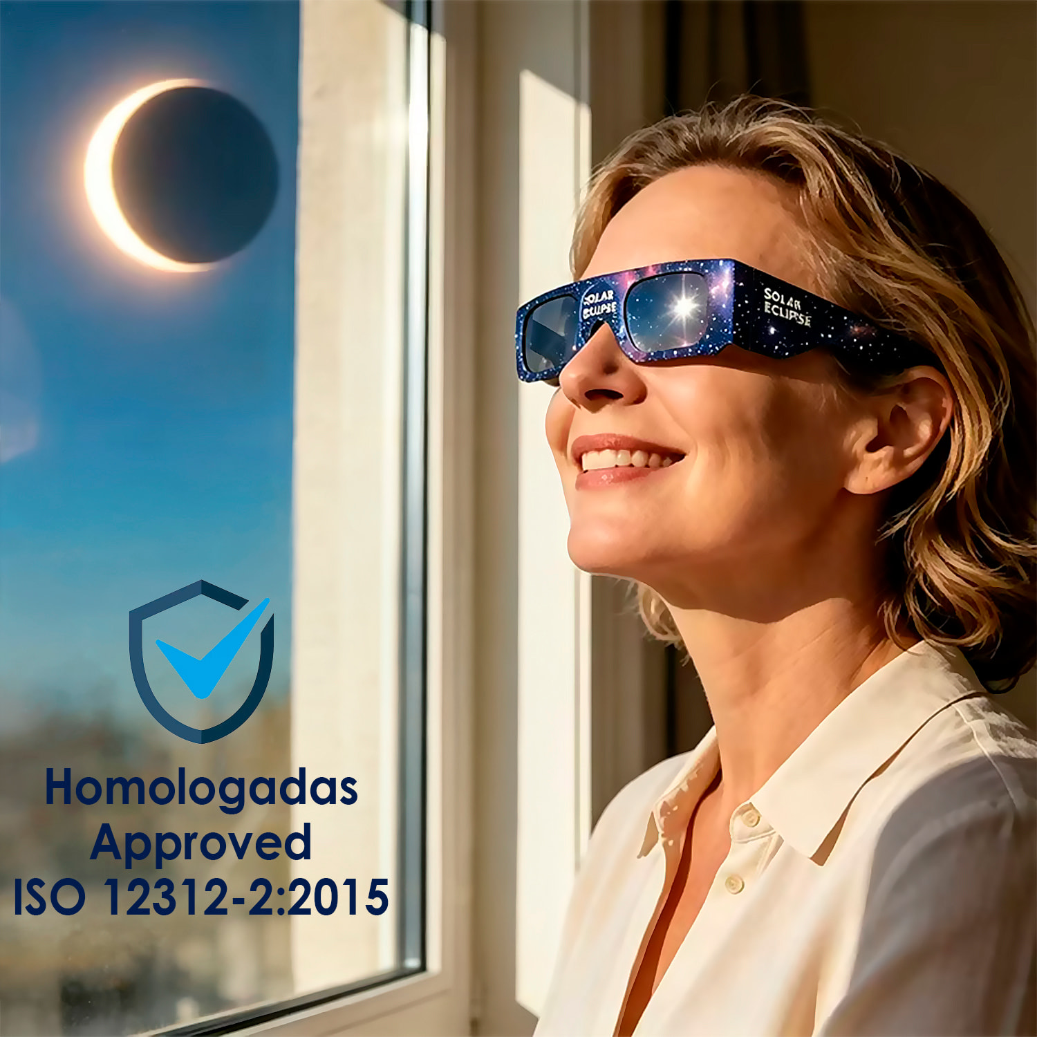 Pacchetto di 10 occhiali appositamente progettati per l'osservazione delle eclissi solari. Omologati ISO 12312-2:2015. Design galassia.