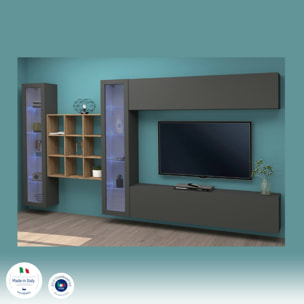 Parete attrezzata Gustavo, Set salotto porta TV a 4 ante, Mobile soggiorno multiuso con vetrina e luce LED, 100% Made in Italy, cm 350x30h180, Antracite