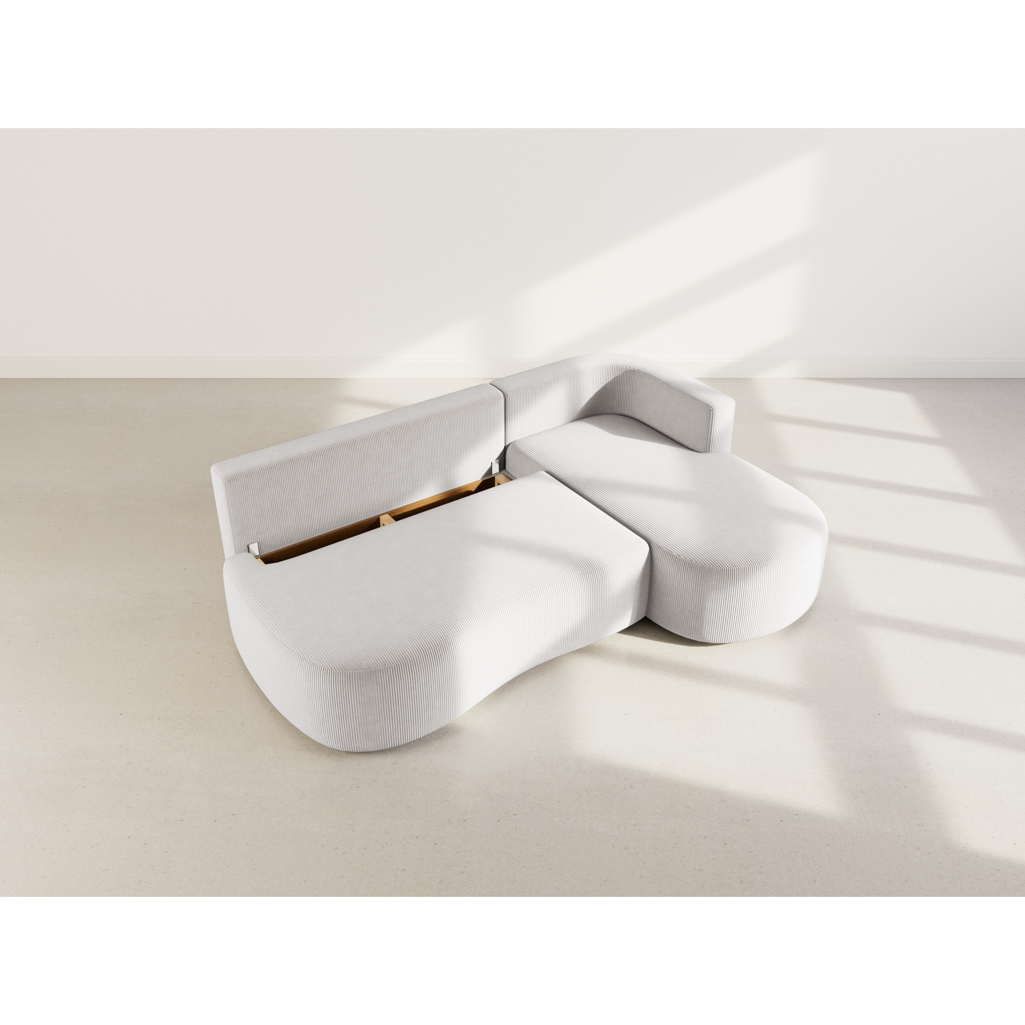 Mahina - canapé d'angle droit 4 places convertible avec coffre en velours côtelé - Gris clair