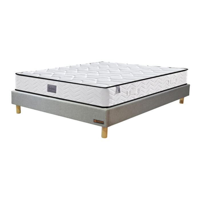 Ensemble Matelas Cosmos ressorts et mémoire de forme avec son sommier sophia en tissu gris clair