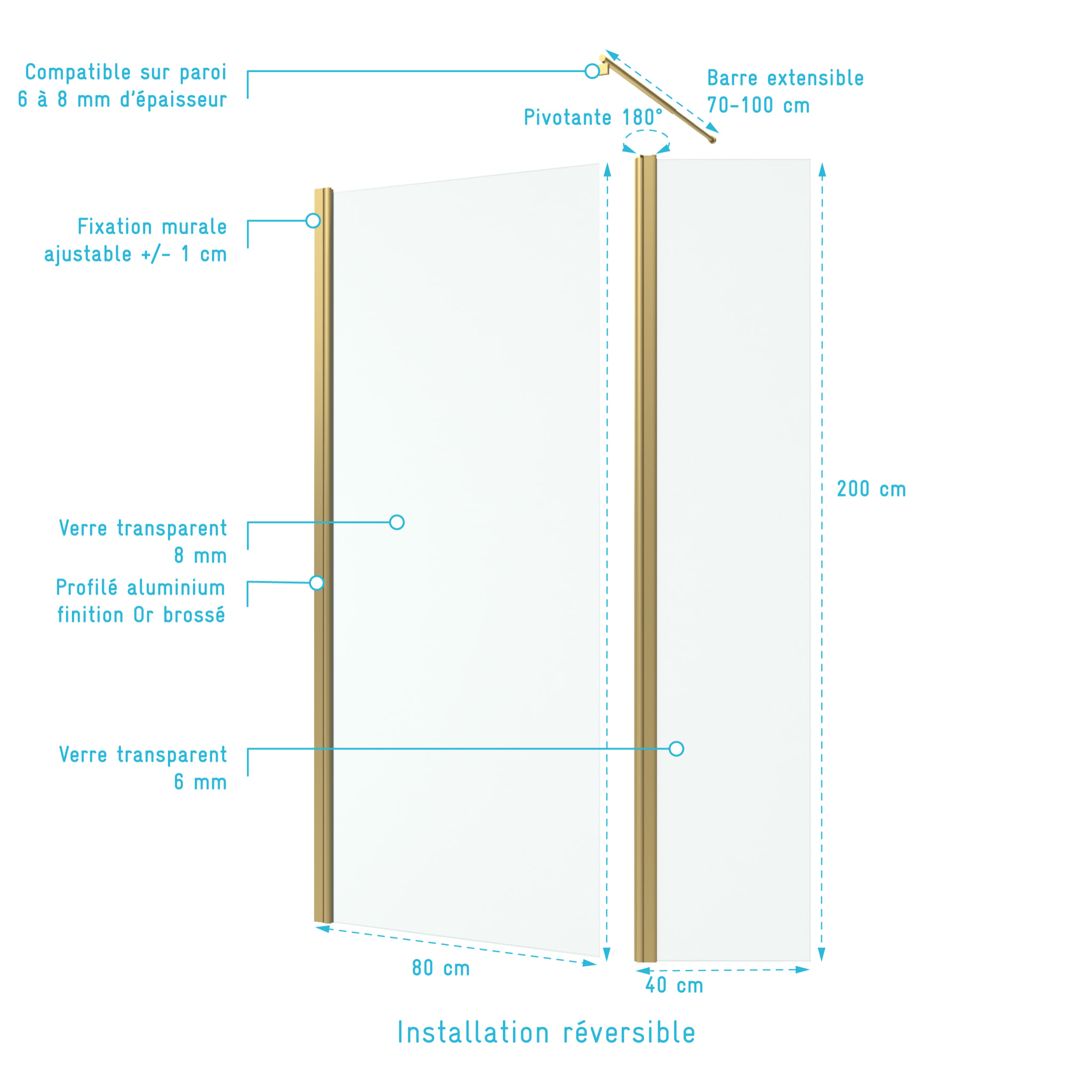 Paroi de Douche et Volet Pivotant 80+40x200 cm - Profilé + Barre de Fixation Or Doré Brossé